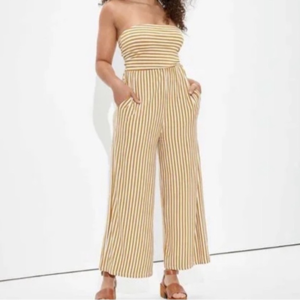 American Eagle Outfitters White and Gold Jumpsuit Strapless Cropped
